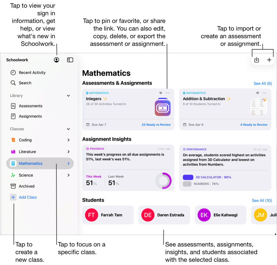 “Mathematics”(数学)班级视图示例,其中显示了一个作业、一个评估、两个精要和四名学生。使用班级视图可以关注特定的班级,包括与所选班级相关的评估、作业、精要以及学生。要导入评估或作业,请轻点右上角的“导入”按钮。要创建评估或作业,请轻点右上角的“创建”按钮。要创建新班级,请轻点边栏中的“添加班级”。轻点“更多选项”按钮可固定或收藏评估或作业,或共享链接。你还可以编辑、拷贝、删除或导出评估或作业。你也可以轻点“我的账户”按钮以查看自己的登录信息、获取帮助或查看“课业”的新功能。