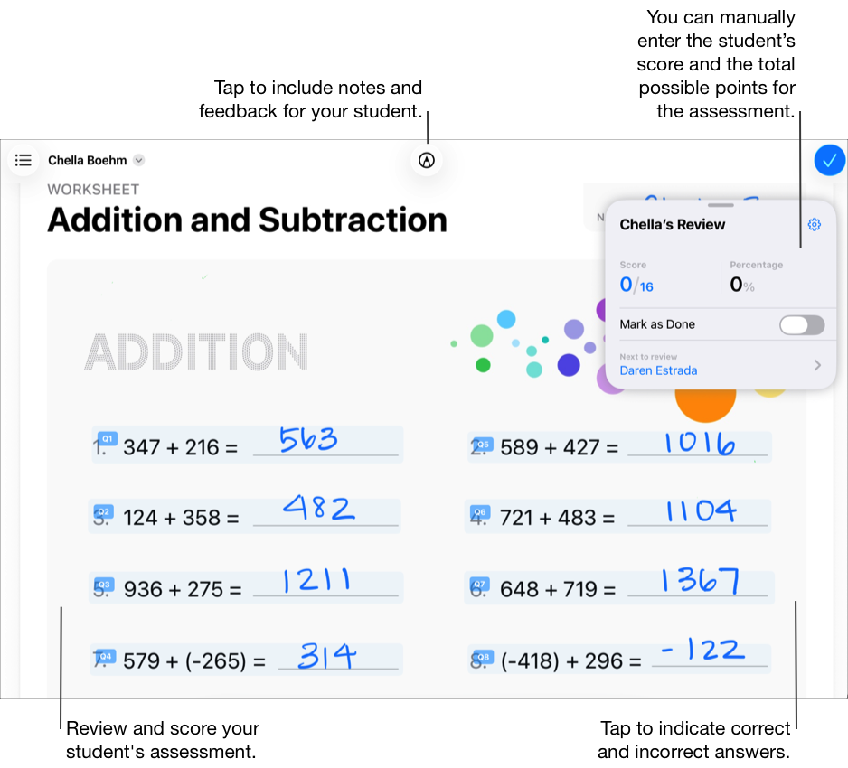可供你檢閱和評分的學生評量範例。使用標示工具,附上要提供給學生的備忘錄和意見,然後點一下以指出正確和錯誤答案。你也可以使用檢閱卡片,手動輸入學生分數和評量總分。