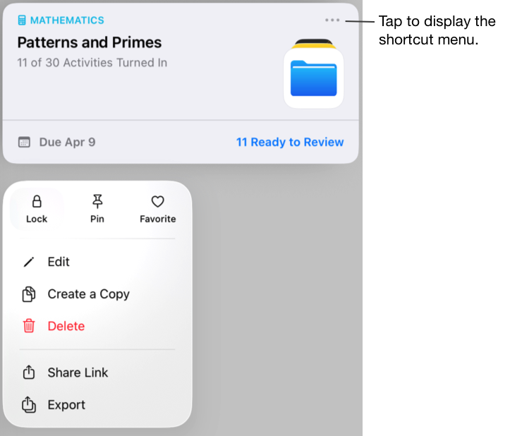 習作範例,捷徑選單已選擇「鎖定」。點一下 「更多選項」按鈕,顯示捷徑選單。
