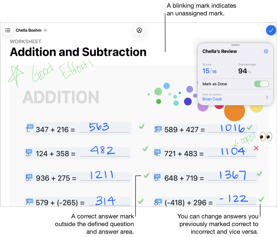 評量檔案範例,顯示正確答案標記位置在訂定的問題與答案區域之外。閃爍的標記表示未指派的標記。你可以將先前標記為正確的答案變更為不正確答案,反之亦然。