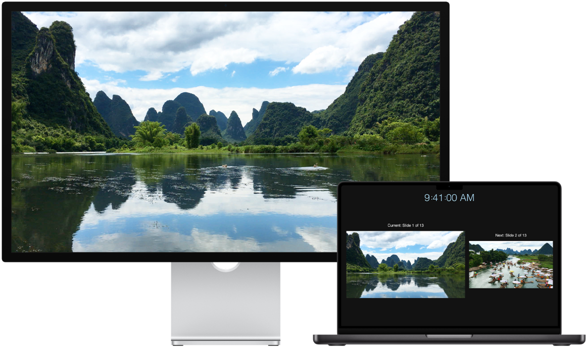 Un MacBook Pro al costat d’una pantalla Studio Display que s’utilitza com a monitor extern.