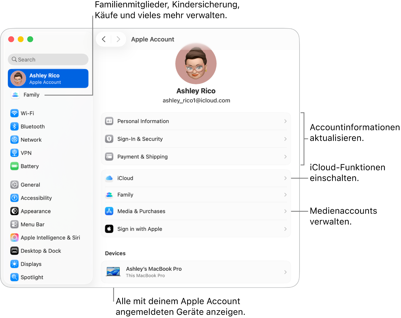 Die Einstellungen „Apple Account“ in den Systemeinstellungen mit Beschriftungen zum Aktualisieren der Accountinformationen, Ein- bzw. Ausschalten von iCloud-Funktionen, Verwalten von Medienaccounts und Anpassen der Einstellungen für „Familie“, um Familienmitglieder, Kindersicherung, Käufe und mehr zu verwalten.