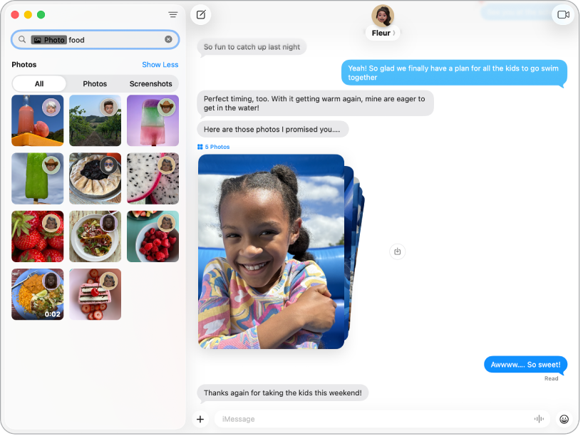 A Messages window showing search results on the left and a conversation on the right.