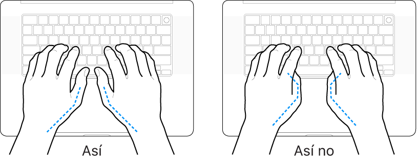 Manos posicionadas sobre un teclado, mostrando la alineación correcta e incorrecta de los pulgares.