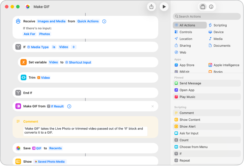 L’éditeur de raccourcis à gauche, affichant les actions du raccourci « Créer GIF ».