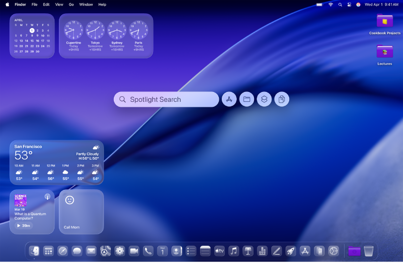Desktop Mac dengan ikon dan widget khusus.