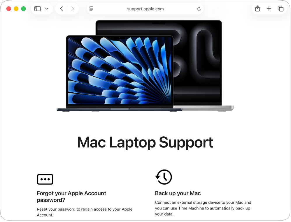 Mac Laptop Support веб-сайтыын көрсетіп тұрған ашық Safari терезесі.