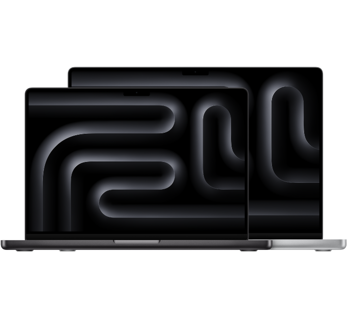 14 col. kompiuteris „MacBook Pro“, padėtas priešais 16 col. „MacBook Pro“.