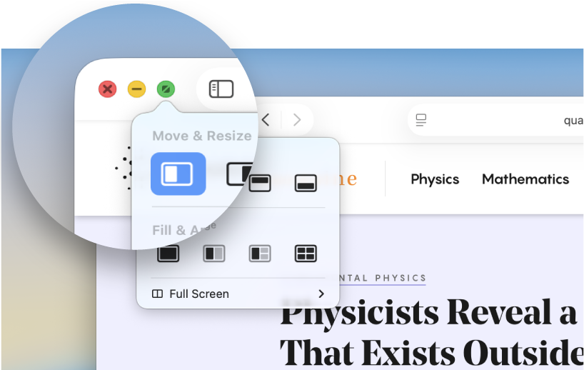 Raudonas (uždarymo), geltonas (sumažinimo) ir žalias (išplėtimo per visą ekraną) mygtukai programos lango viršutiniame kairiajame kampe.