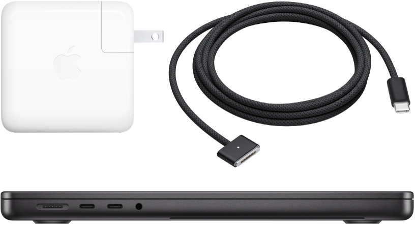 MacBook Pro datora sānu skats ar barošanas adapteri un uzlādes kabeli.