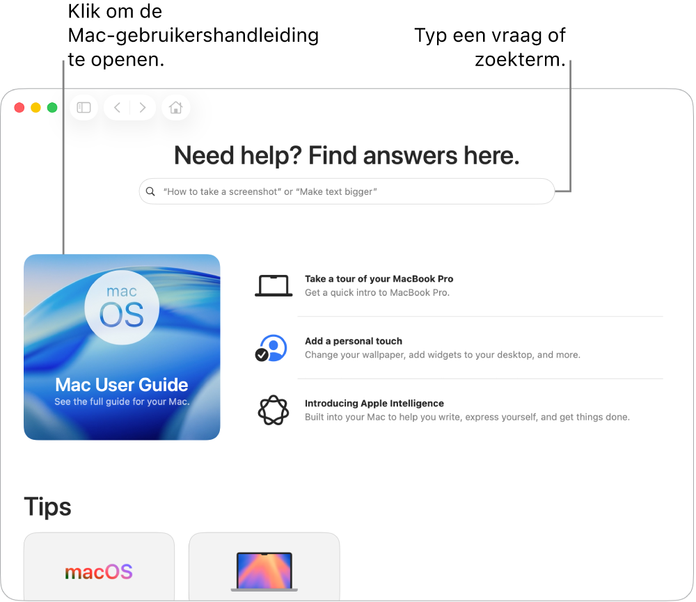 De startpagina van de Tips-app met de Mac-gebruikershandleiding, het zoekveld en voorgestelde onderwerpen.