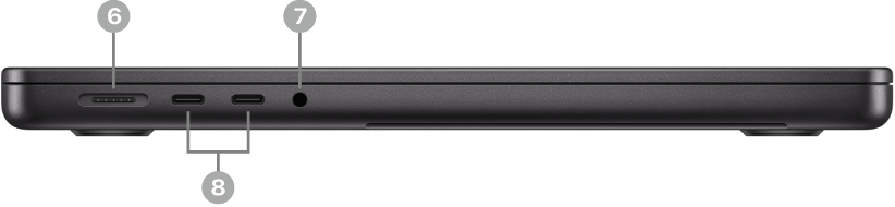 Lateral esquerda de um MacBook Pro mostrando a porta MagSafe 3, duas portas Thunderbolt (USB-C) e o conector de áudio de 3,5 mm.