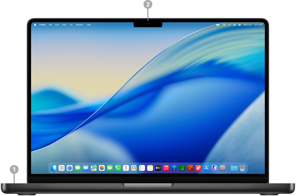 MacBook Pro с открытой крышкой, вид спереди. Показаны микрофоны и камера 12MP Center Stage.