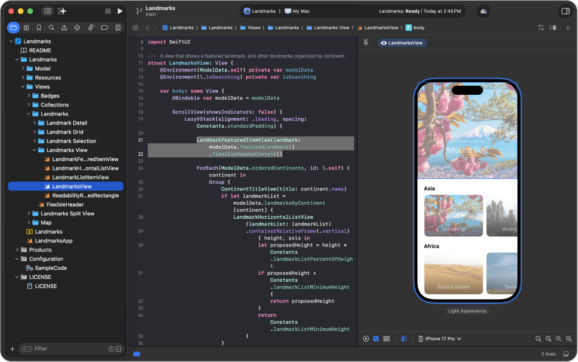 En skärmavbild av Xcode med kodredigeraren i mitten och en förhandsvisning till höger. Knappen för valbart läge längst ned på förhandsvisningsområdet är aktiv. Förhandsvisningsområdet visar en förhandsvisning av vyn i det valbara läget.