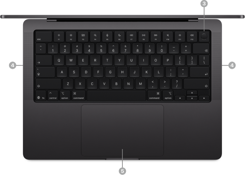 從上面俯瞰打開的 MacBook Pro,顯示 Touch ID(電源)按鈕、揚聲器和力度觸控板。