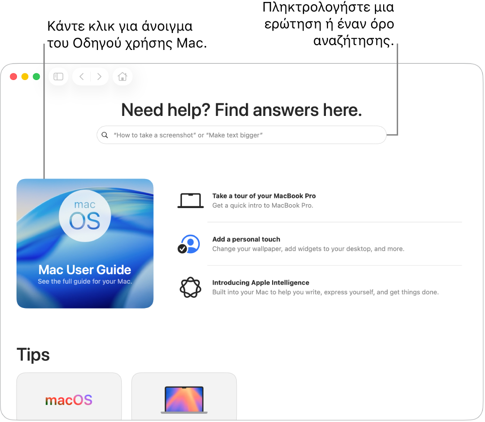 Η σελίδα προορισμού της εφαρμογής «Συμβουλές» όπου φαίνεται ο οδηγός χρήσης Mac, το πεδίο αναζήτησης και τα προτεινόμενα θέματα.