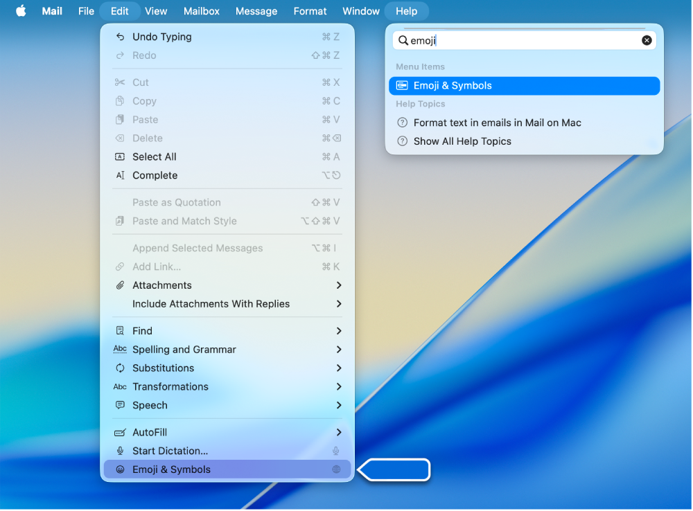 Το μενού «Βοήθεια» όπου εμφανίζεται μια αναζήτηση για «emoji» με την επιλογή «Emoji και σύμβολα» επισημασμένη στη λίστα αποτελεσμάτων και στο μενού «Επεξεργασία».
