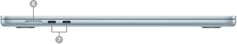 הצד השמאלי של MacBook Air עם יציאת ה-MagSafe 3 ושתי יציאות Thunderbolt 4 (USB-C).