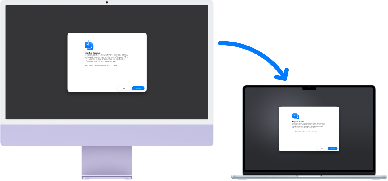 iMac dan MacBook Air menampilkan layar Asisten Migrasi. Panah dari iMac ke MacBook Air menandakan transfer data dari satu ke yang lain.