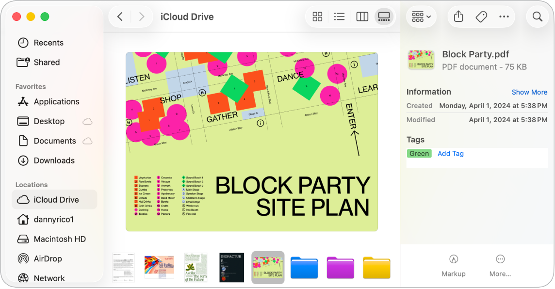 Atidarytas „Finder“ langas, kuriame failai ir aplankai rodomi įjungus galerijos režimą. Žymėjimo mygtukas ir failo informacija yra dešinėje.
