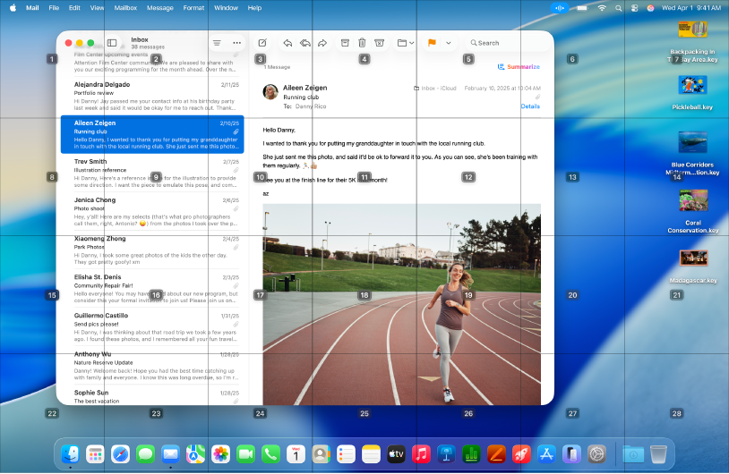 Mail-appen er åpen på Mac-skrivebordet, med et rutenett lagt over. Hver celle i rutenettet er merket med et tall.