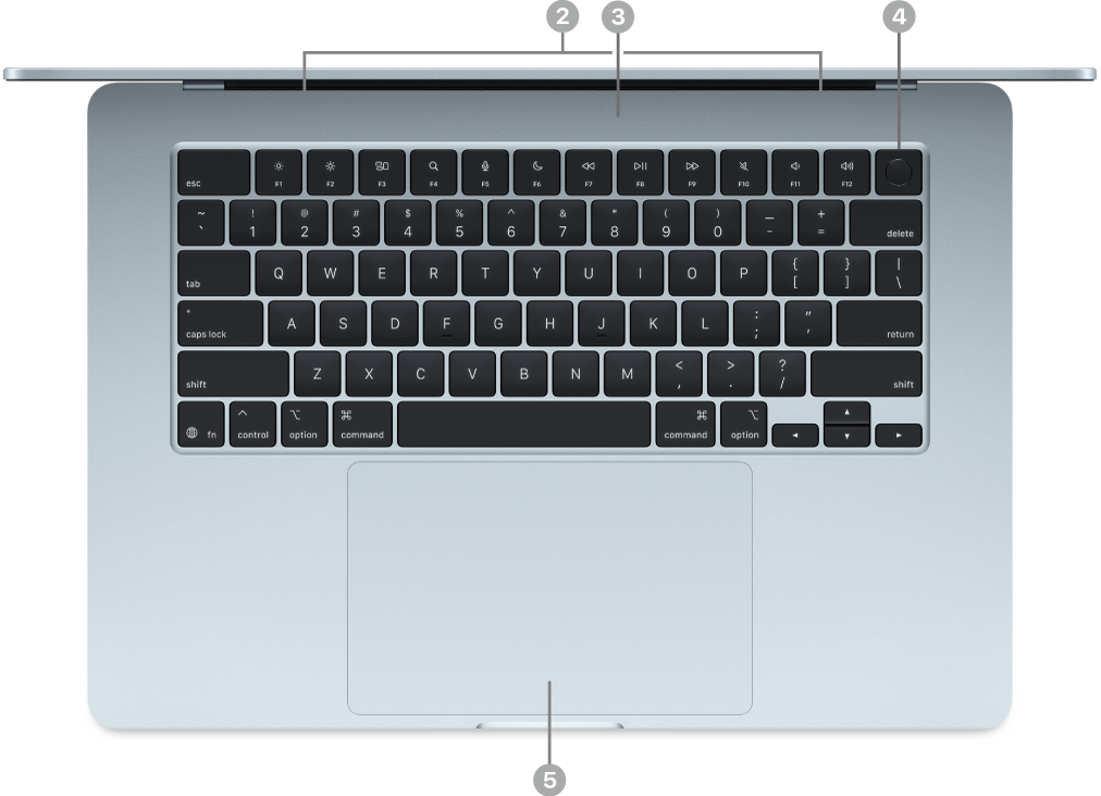 Açık bir MacBook Air’in hoparlörleri, mikrofonları, Touch ID (açma/kapama) düğmesini ve Force Touch izleme dörtgenini gösteren yukarıdan görünümü.