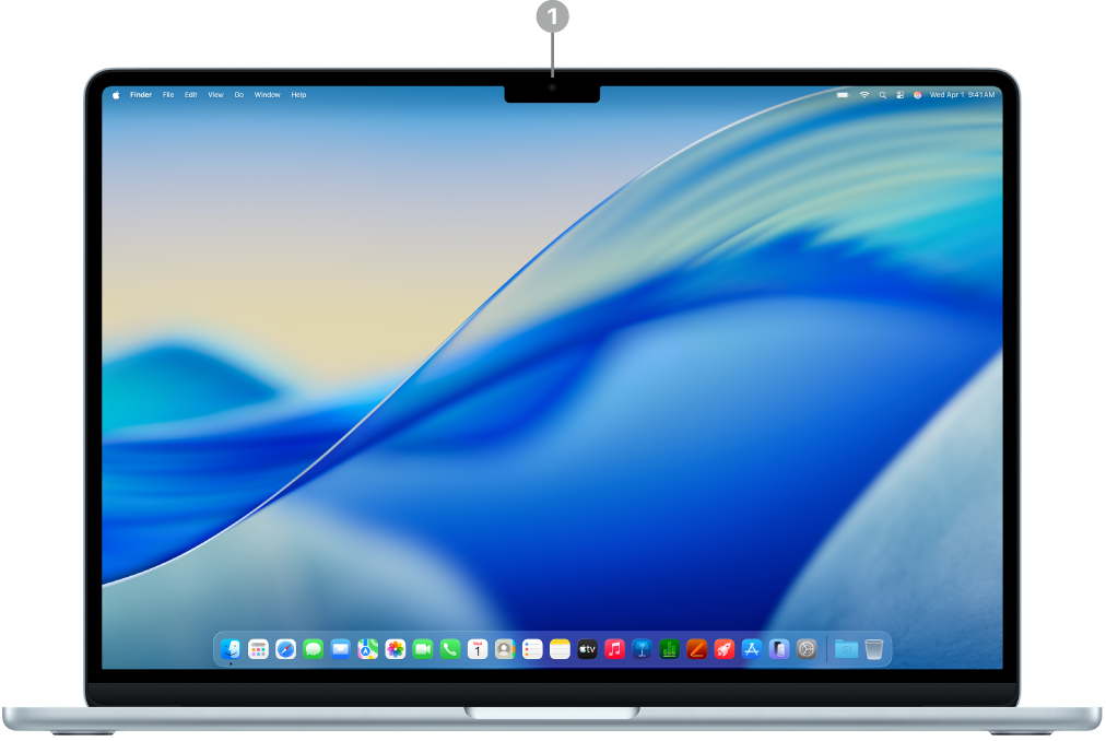 Kapağı açık bir MacBook Air’in 12 MP Center Stage kamerayı gösteren ön yüzü.