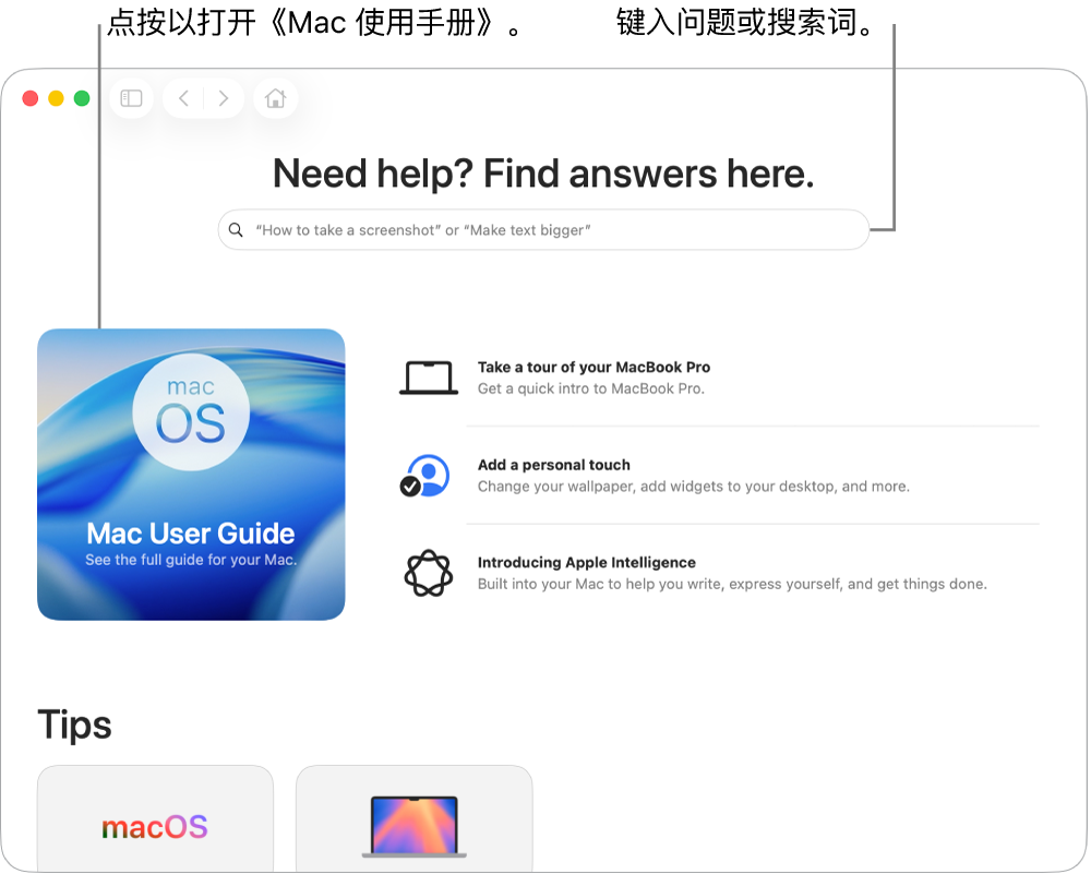 “提示” App 启动页显示《Mac 使用手册》、搜索栏和建议的主题。