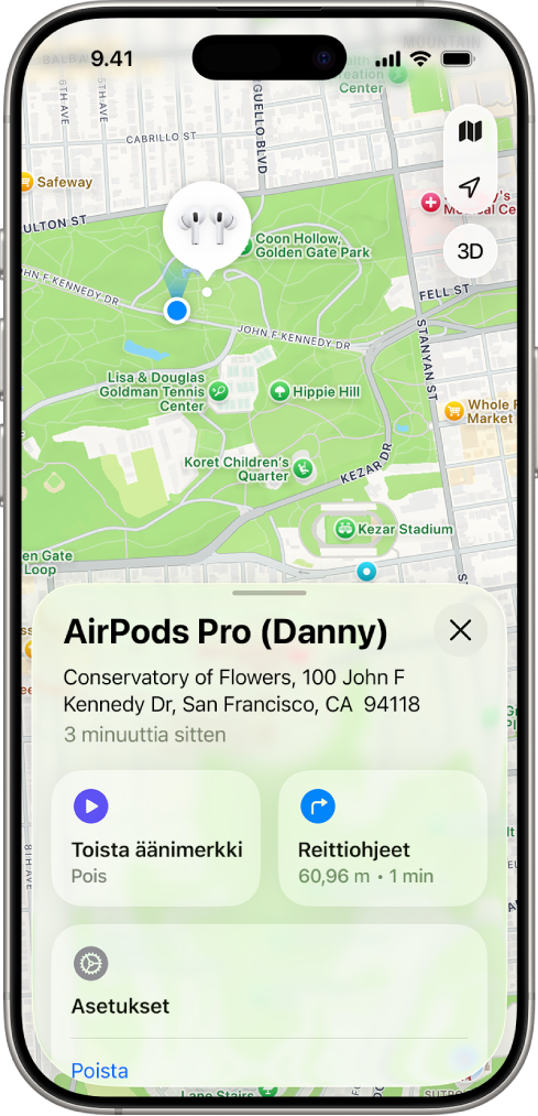 iPhonen Etsi‑apin näyttö. AirPods-kuulokkeiden sijainti näkyy San Franciscon kartalla, ja niille näytetään osoite sekä valinnat äänen toistamiselle ja reittiohjeille.