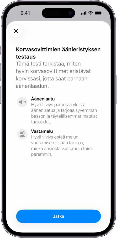 iPhonen näytöllä näkyy testi AirPods Pro 3 ‑kuulokkeiden äänieristyksen mittaamiseen.