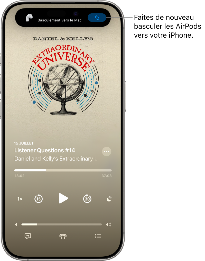 L’écran verrouillé de l’iPhone avec en haut le message « Basculement vers le Mac » et un bouton permettant de rétablir la connexion des AirPods avec l’iPhone.