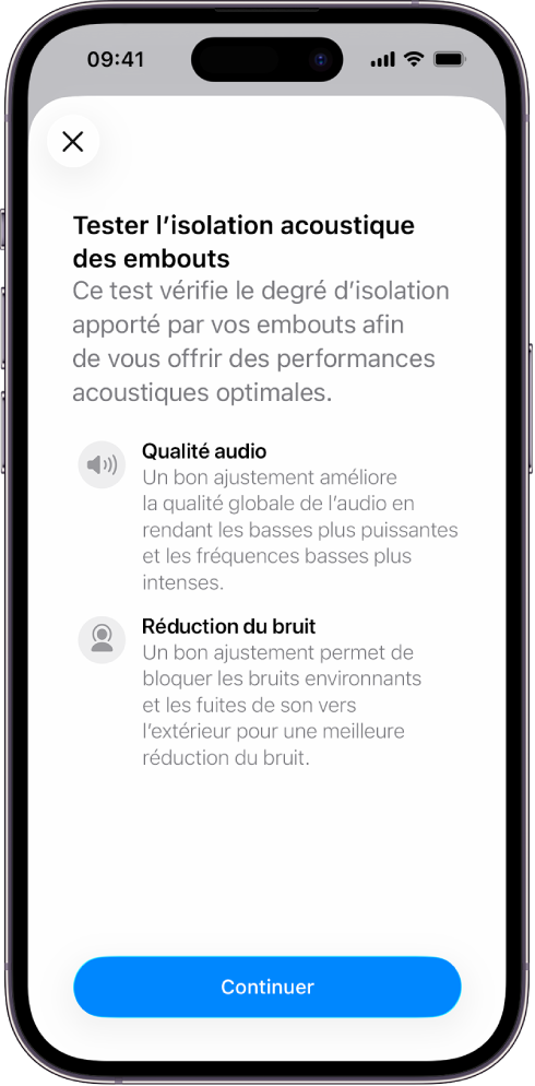 Écran d’un iPhone affichant un test pour mesurer l’isolation acoustique des AirPods Pro 3.