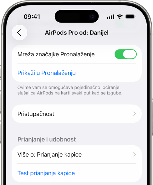 Postavke Bluetootha na iPhoneu s prikazanim opcijama za slušalice AirPods Pro. Uključena je opcija “Mreža značajke Pronalaženje”, koja omogućava pojedinačno lociranje slušalica AirPods na karti svaki put kad se izgube.