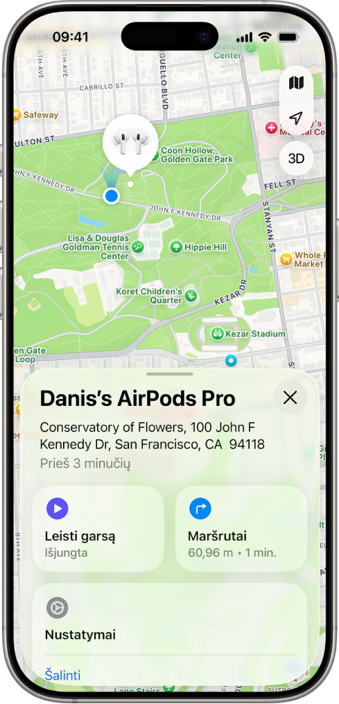 „iPhone“ programos „Lokatorius“ ekranas. „AirPods Pro“ vieta rodoma San Fransisko žemėlapyje: nurodytas adresas ir pateiktos parinktys „Leisti garsą“, „Maršrutai“ bei „Nustatymai“.