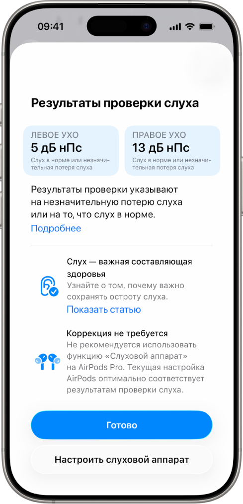 На iPhone открыты результаты проверки слуха, показывающие отсутствие нарушений или незначительную потерю слуха в обоих ушах. Внизу экрана доступны кнопки «Готово» и «Настроить слуховой аппарат».