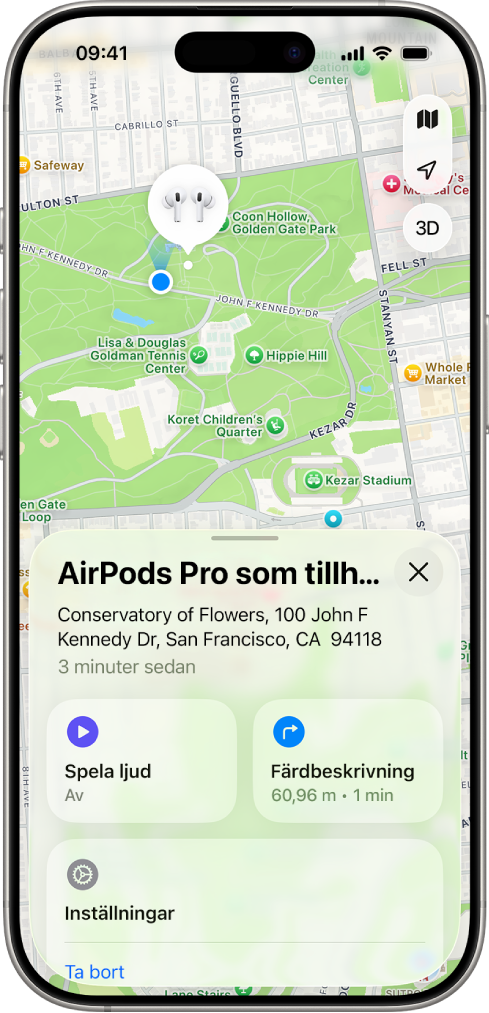 En skärm i appen Hitta på iPhone. Platsen för AirPods visas på en karta över San Francisco med en adress och alternativen Spela ljud och Färdbeskrivning.