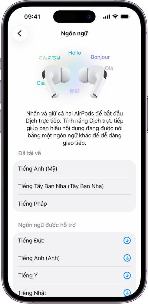 Màn hình Ngôn ngữ trong cài đặt Dịch của AirPods đang hiển thị một danh sách các ngôn ngữ đã tải về và được hỗ trợ.