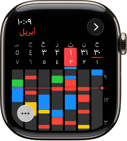 تطبيق التقويم يعرض أحداث الأسبوع. يُصنَّف كل حدث حسب اللون، للإشارة إلى التقويم الذي ينتمي إليه. يظهر اسم الشهر في أعلى اليسار وتُعرَض الأيام والتواريخ في الجزء العلوي. تُميَّز أحداث طوال اليوم بشريط أسفل تاريخ كل يوم. يشير خط عبر الأسبوع إلى الوقت الحالي. يظهر زر المزيد في الأسفل يسارًا.