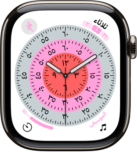 واجهة الساعة "إكزاكتوغراف". تعرض أربعة إضافات: التمرين في أعلى اليمين، والتاريخ في أعلى اليسار، والمؤقتات في أسفل اليمين، والموسيقى في أسفل اليسار.