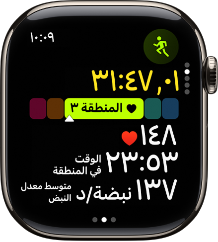 تمرين ركض قيد التقدم يعرض الوقت المنقضي للتمرين والمنطقة التي توجد فيها حاليًا ومعدل نبض القلب والوقت في المنطقة ومتوسط معدل نبض القلب.