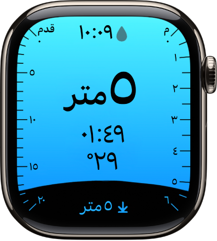 يعمل تطبيق العمق على إظهار العمق الحالي والوقت تحت الماء ودرجة حرارة الماء وأقصى عمق للغوص. تشير العلامات الموجودة على الجانب الايمن إلى العمق بالقدم من 0 إلى 20. تشير العلامات الموجودة على الجانب الأيسر إلى العمق أمتار من 0 إلى 6.