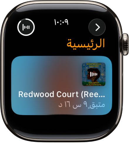 شاشة الكتب الصوتية تعرض الكتاب الذي يتم تشغيله حاليًا، مع العنوان والوقت المتبقي. يظهر زر قيد التشغيل في أعلى اليسار.