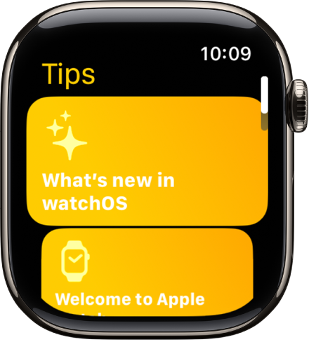 Приложението Tips (Съвети), показващо колекции от съвети като Welcome to Apple Watch (Добре дошли в Apple Watch).