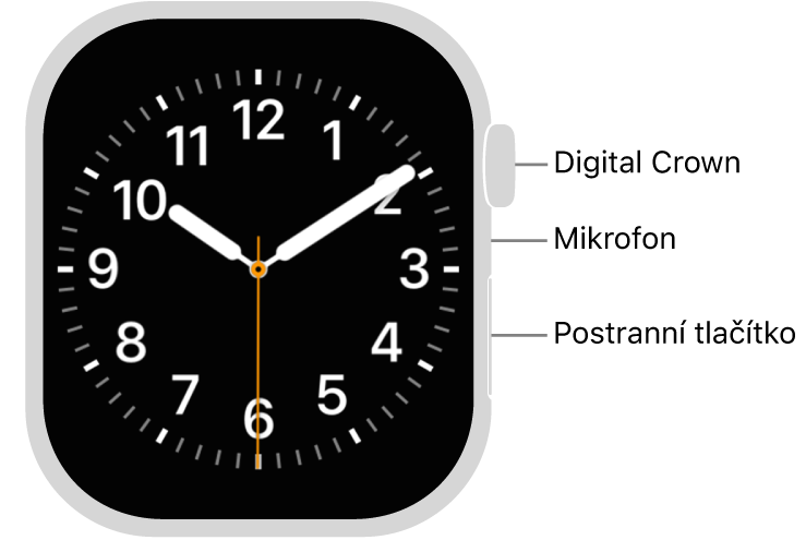 Přední strana Apple Watch Series 11. Na displeji je zobrazen ciferník a na boku hodinek se shora dolů nachází korunka Digital Crown, mikrofon a postranní tlačítko.