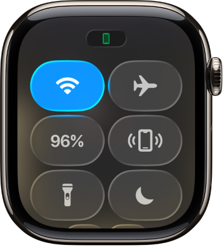 Kontrolcenter med statussymbolet Forbindelse oprettet øverst, der viser, at Apple Watch har forbindelse til iPhone.