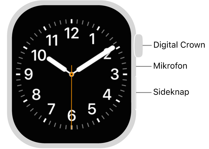 Forsiden af Apple Watch Series 11, hvor skærmen viser urskiven og Digital Crown, mikrofonen og sideknappen fra øverst til nederst på siden af uret.
