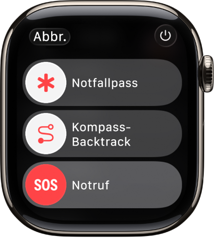 Auf dem Apple Watch-Bildschirm werden die Regler für „Notfallpass“, „Kompass-Backtrack“ und „Notruf“ angezeigt. Oben rechts befindet sich die Taste „Ein/Aus“.