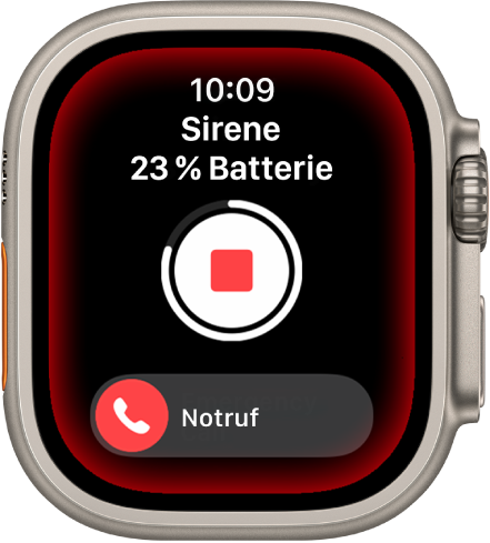 Countdown der Sirene. Oben wird die Batterieladung angezeigt, in der Mitte ist eine Wiedergabetaste und unten der Regler „Notruf“ zu sehen.