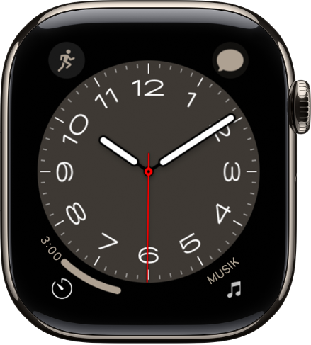 Das Zifferblatt „Metropolis“. Durch Drehen der Digital Crown ändert sich das Aussehen der Schrift. Vier Komplikationen sind zu sehen – „Training“ oben links, „Musik“ oben rechts, „Timer“ unten links und das Datum unten rechts.