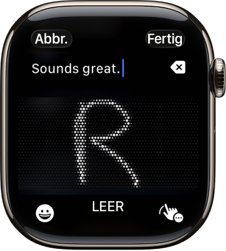 Der Textfeldbildschirm zeigt einen Buchstaben, der mit „Kritzeln“ geschrieben wurde. Die Tasten „Emoji“ und „Kritzeln“ befinden sich unten auf dem Bildschirm.